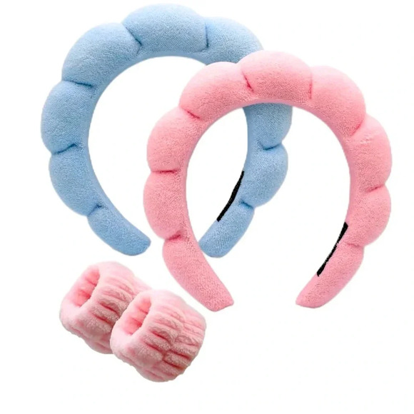 NEW Spa Headbands for Washing Face, Makeup and Skincare. Set of 2 aqua and pink - Picture 1 of 9